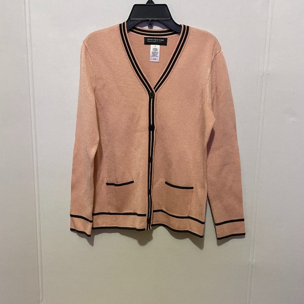 Jones New York Petite Small Classic  Light Pink Black Trim V-Neck Cardigan